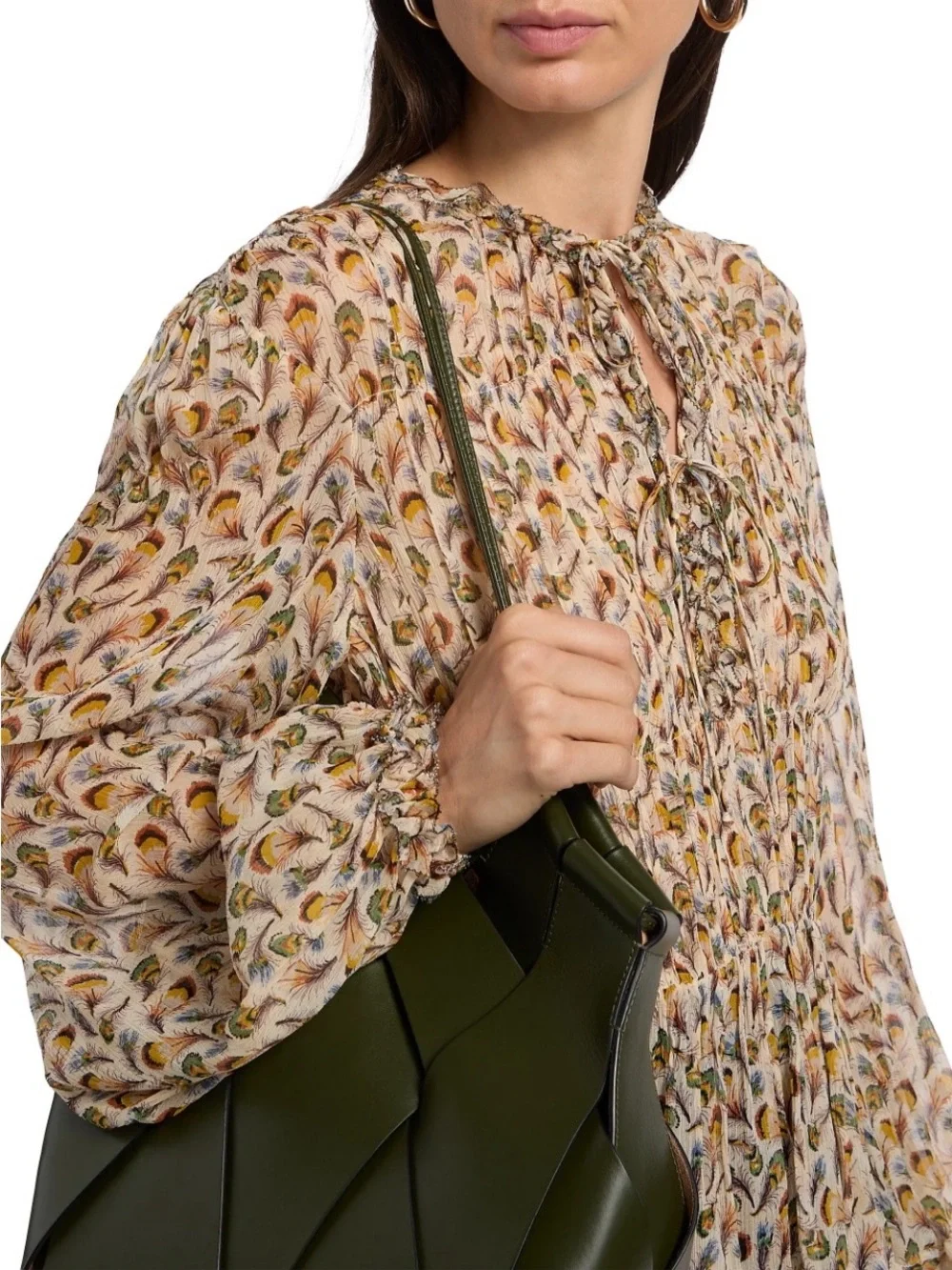 NWT $520 Ulla Johnson Robbie Feather-Print Silk Tie-Front Blouse